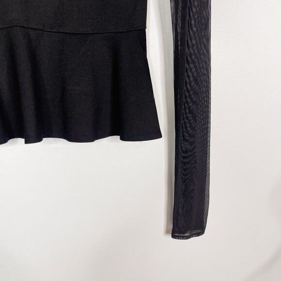 Amanda Uprichard Size P Black Mesh Peplum Long Sleeve Top Deep V Cut Out Stretch - Picture 4 of 14